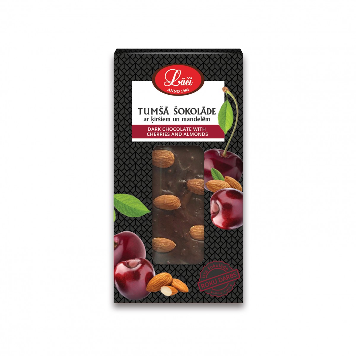 Dark chocolate with sour cherries and almonds “Laci” 90gr